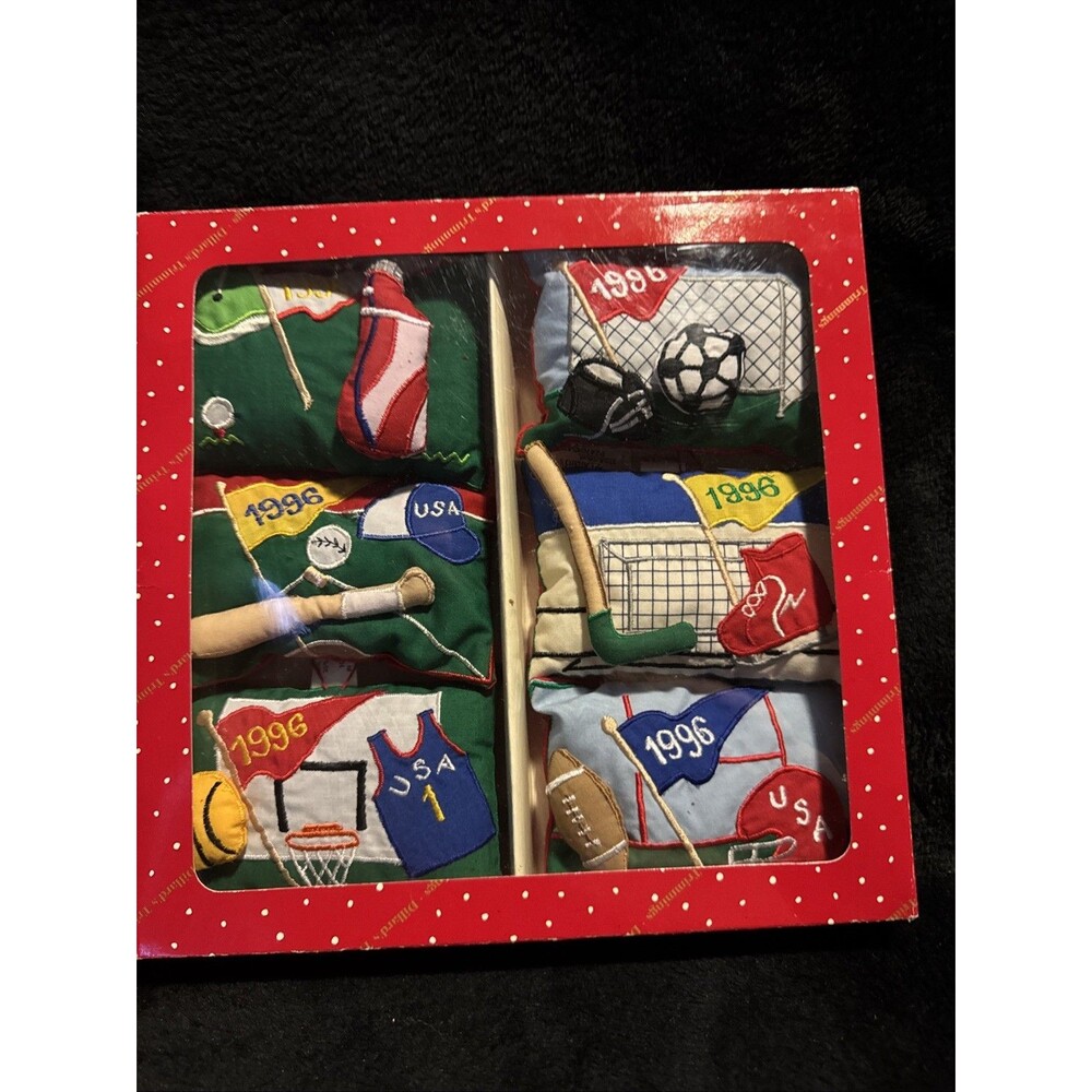 Vintage 1996 Dillard's Trimmings Christmas Ornaments Sports Memorabilia Pillows